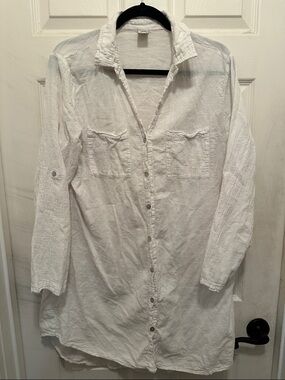 White Crinkle Gauze Long-Sleeve Casual Button-Down Shirt/Dress